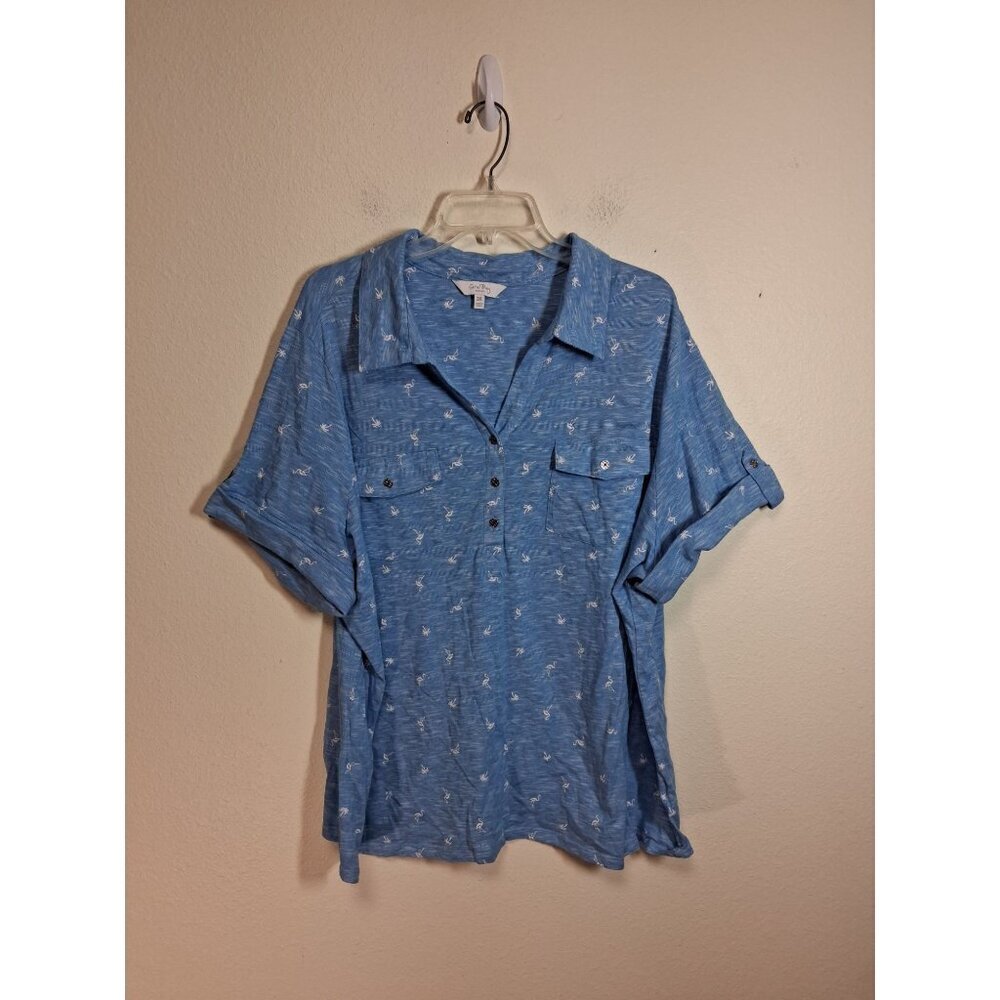 Coral Bay Blouse Tropical Granny Coastal Flamingo Polo Top Blue Women's Size 3XL